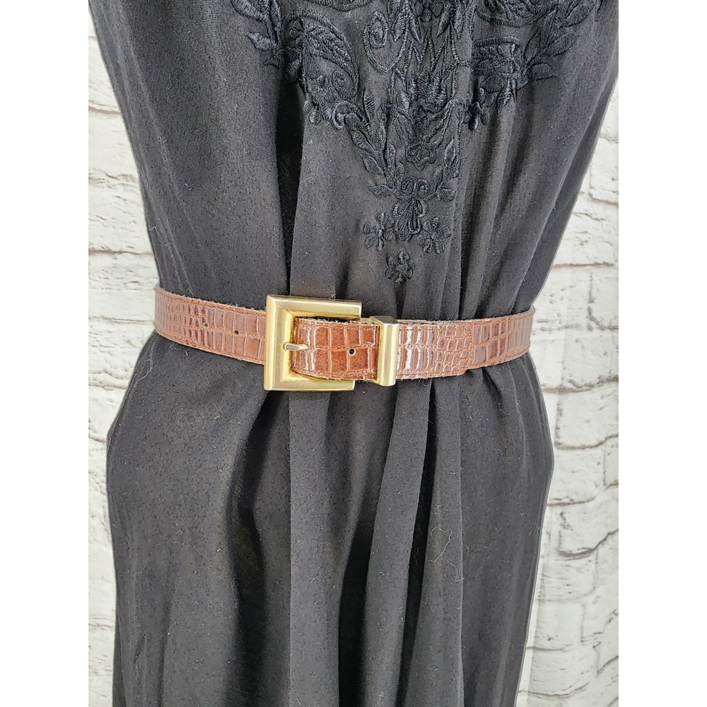 Womens Crocodile Embossed Belt Square Gold Brass Buckle Heritage Classic Small